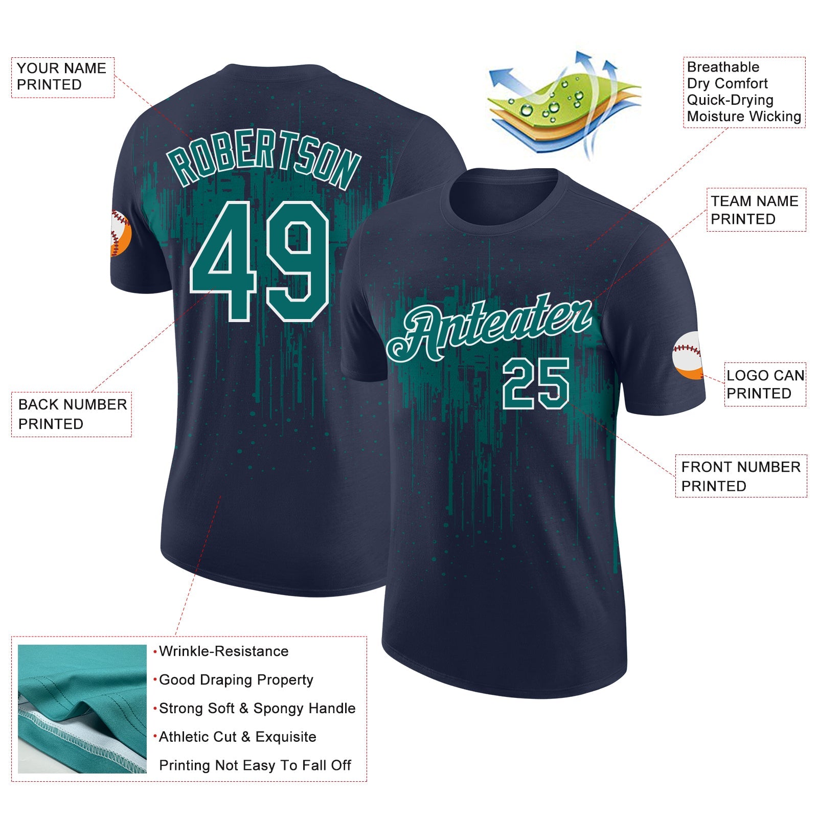 Custom Navy Teal-White Dripping Splatter Paint Performance T-Shirt view 2