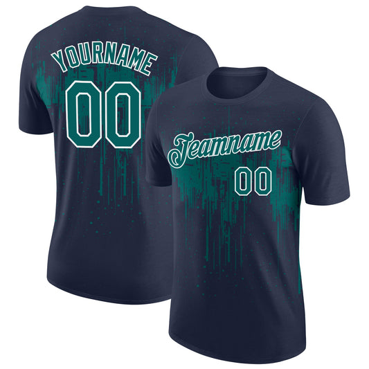 Custom Navy Teal-White Dripping Splatter Paint Performance T-Shirt - Main View