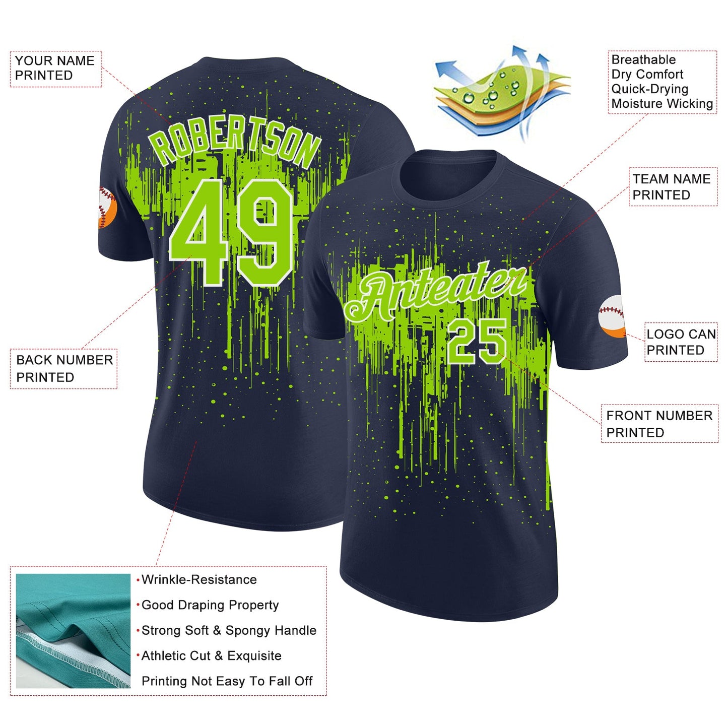 Custom Navy Neon Green-White Dripping Splatter Paint Performance T-Shirt view 2