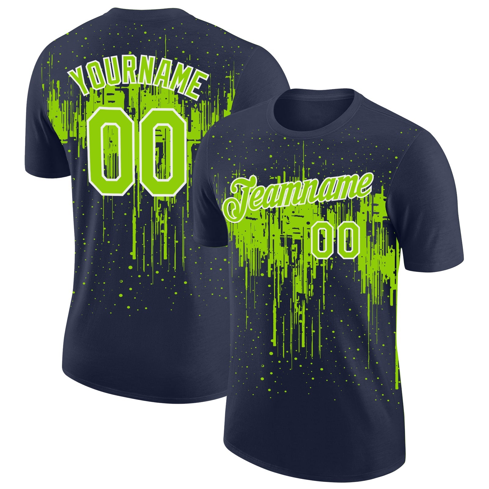 Custom Navy Neon Green-White Dripping Splatter Paint Performance T-Shirt - Main View