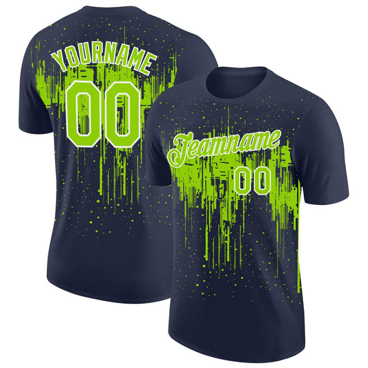 Custom Navy Neon Green-White Dripping Splatter Paint Performance T-Shirt - Main View