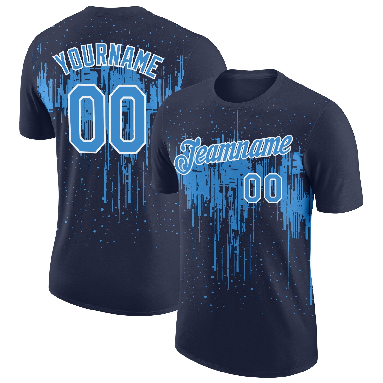 Custom Navy Powder Blue-White Dripping Splatter Paint Performance T-Shirt - Main View