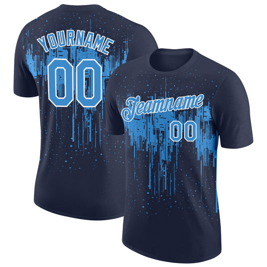 Custom Navy Powder Blue-White Dripping Splatter Paint Performance T-Shirt - Main View