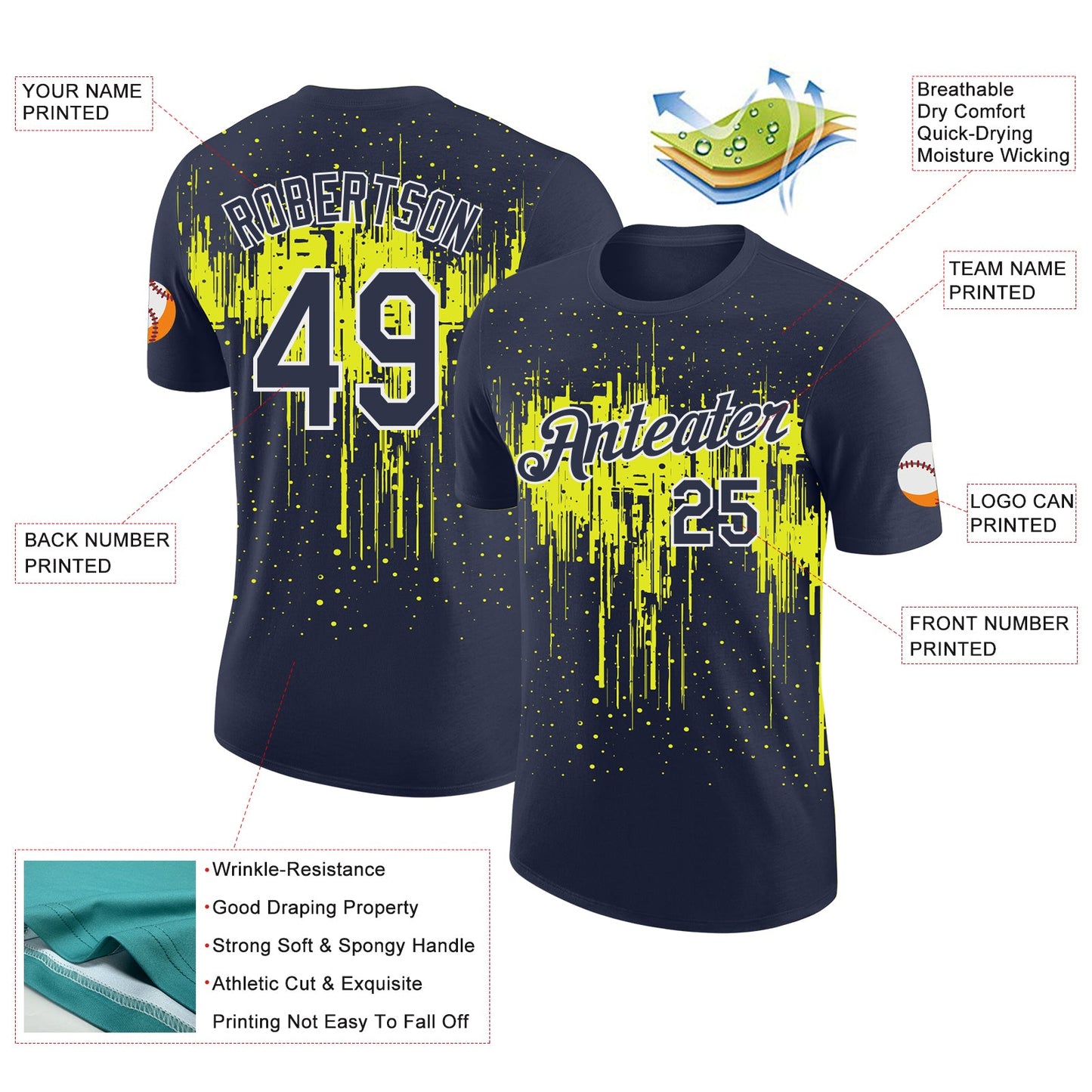 Custom Navy Neon Yellow-White Dripping Splatter Paint Performance T-Shirt view 2