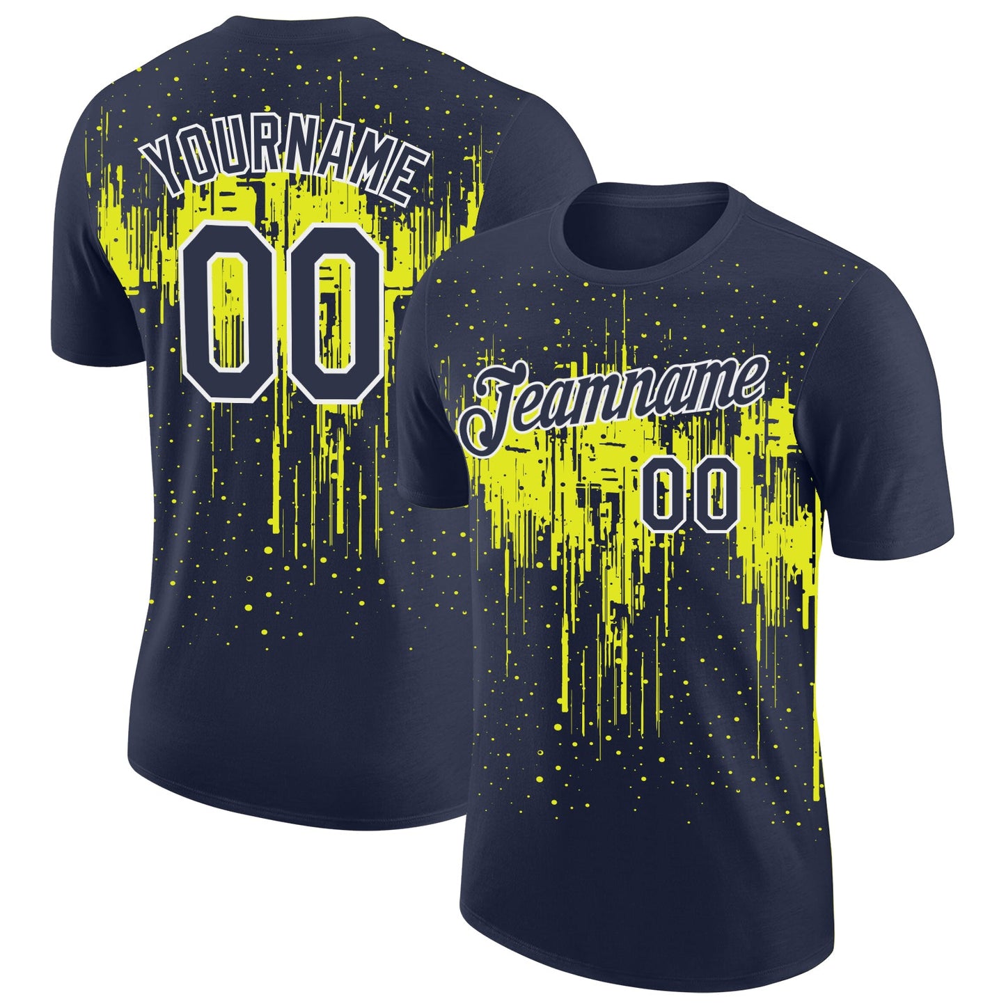 Custom Navy Neon Yellow-White Dripping Splatter Paint Performance T-Shirt - Main View