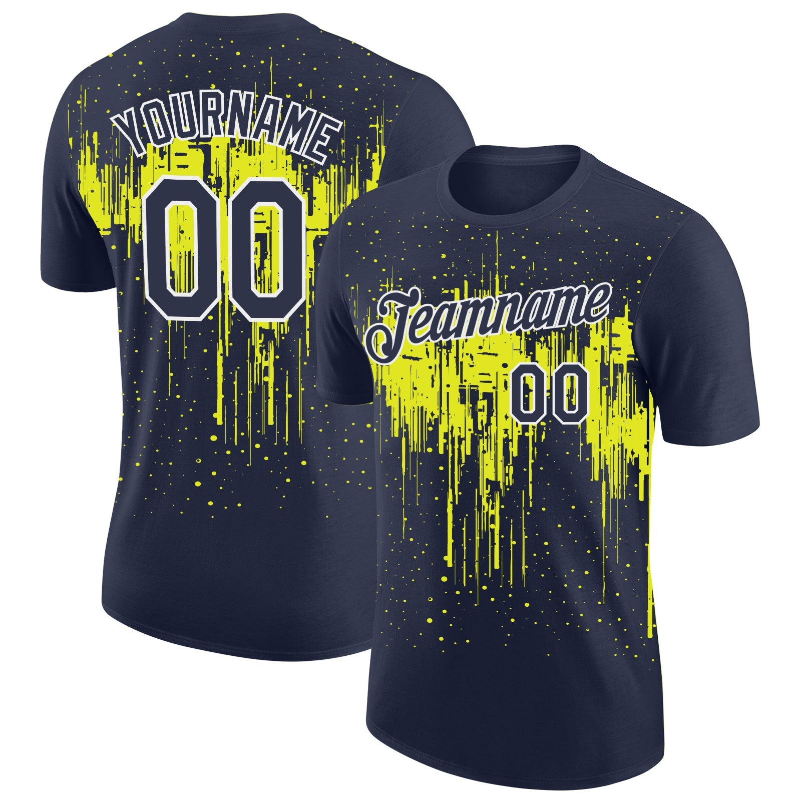 Custom Navy Neon Yellow-White Dripping Splatter Paint Performance T-Shirt - Main View