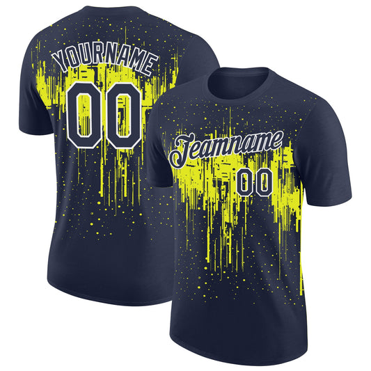 Custom Navy Neon Yellow-White Dripping Splatter Paint Performance T-Shirt - Main View