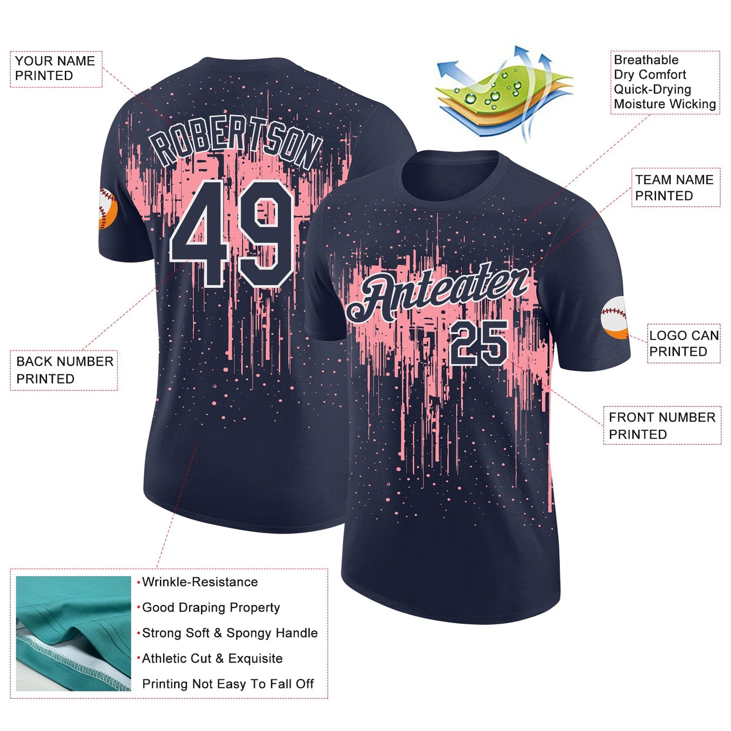 Custom Navy Medium Pink-White Dripping Splatter Paint Performance T-Shirt view 2