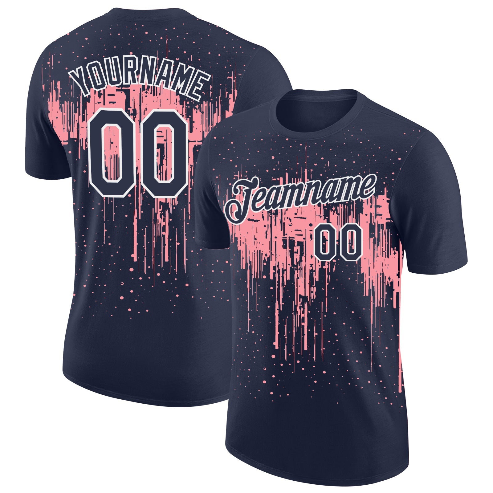 Custom Navy Medium Pink-White Dripping Splatter Paint Performance T-Shirt - Main View