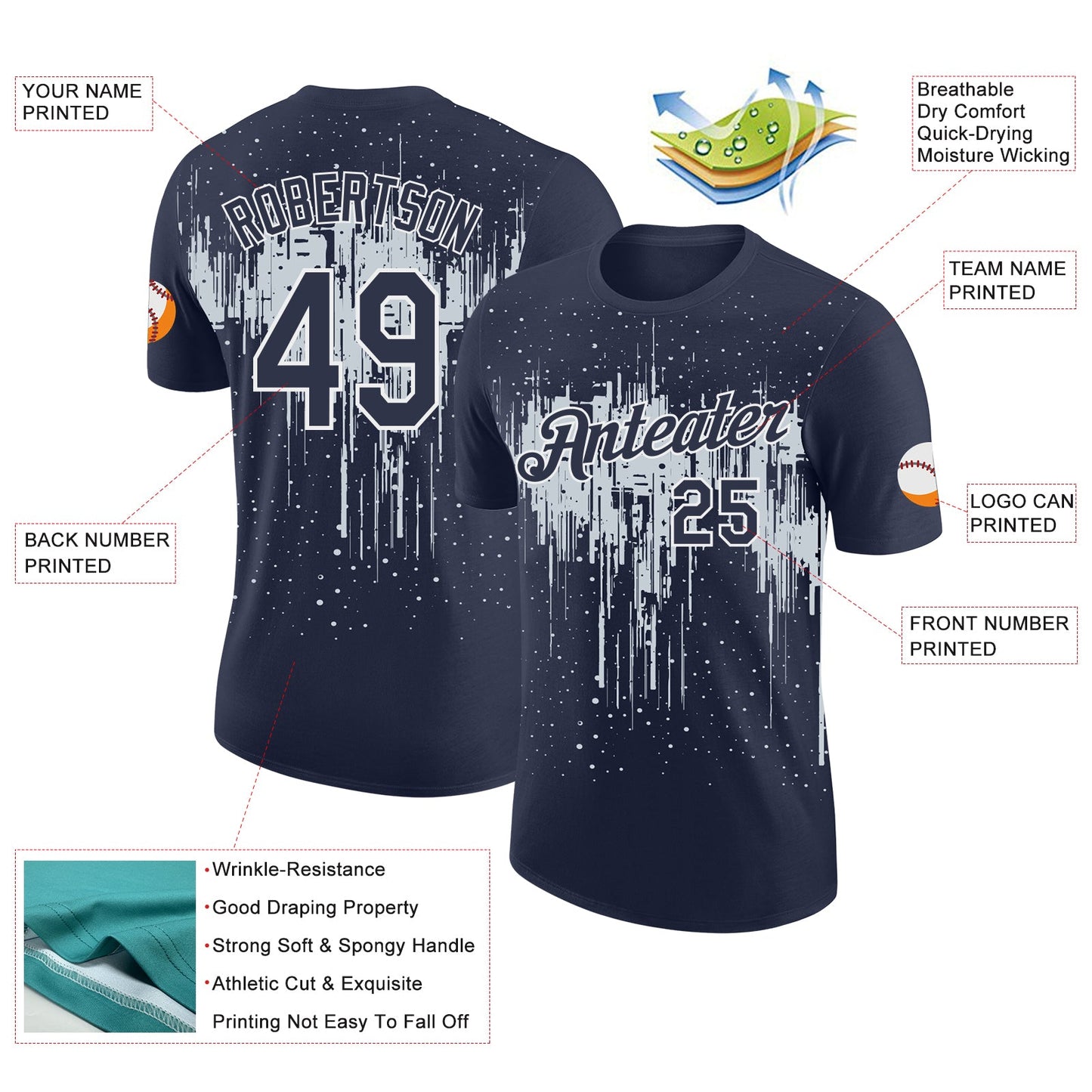 Custom Navy Silver-White Dripping Splatter Paint Performance T-Shirt view 2