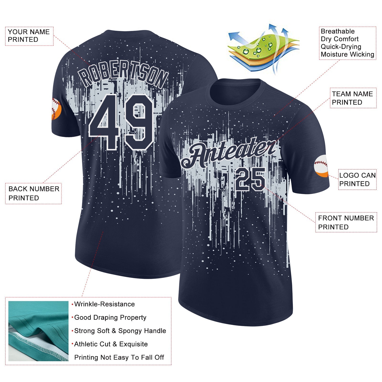 Custom Navy Silver-White Dripping Splatter Paint Performance T-Shirt view 2