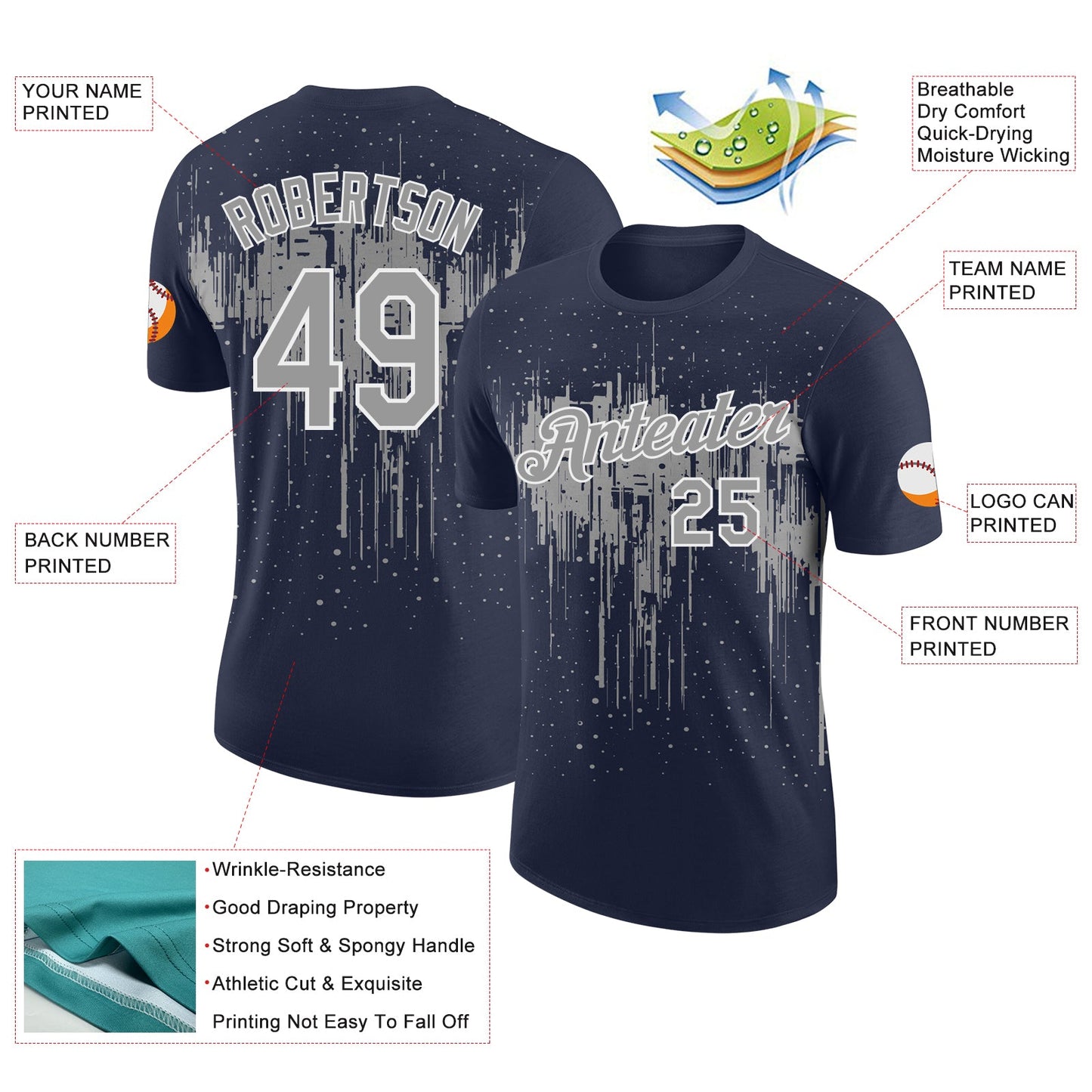 Custom Navy Gray-White Dripping Splatter Paint Performance T-Shirt view 2