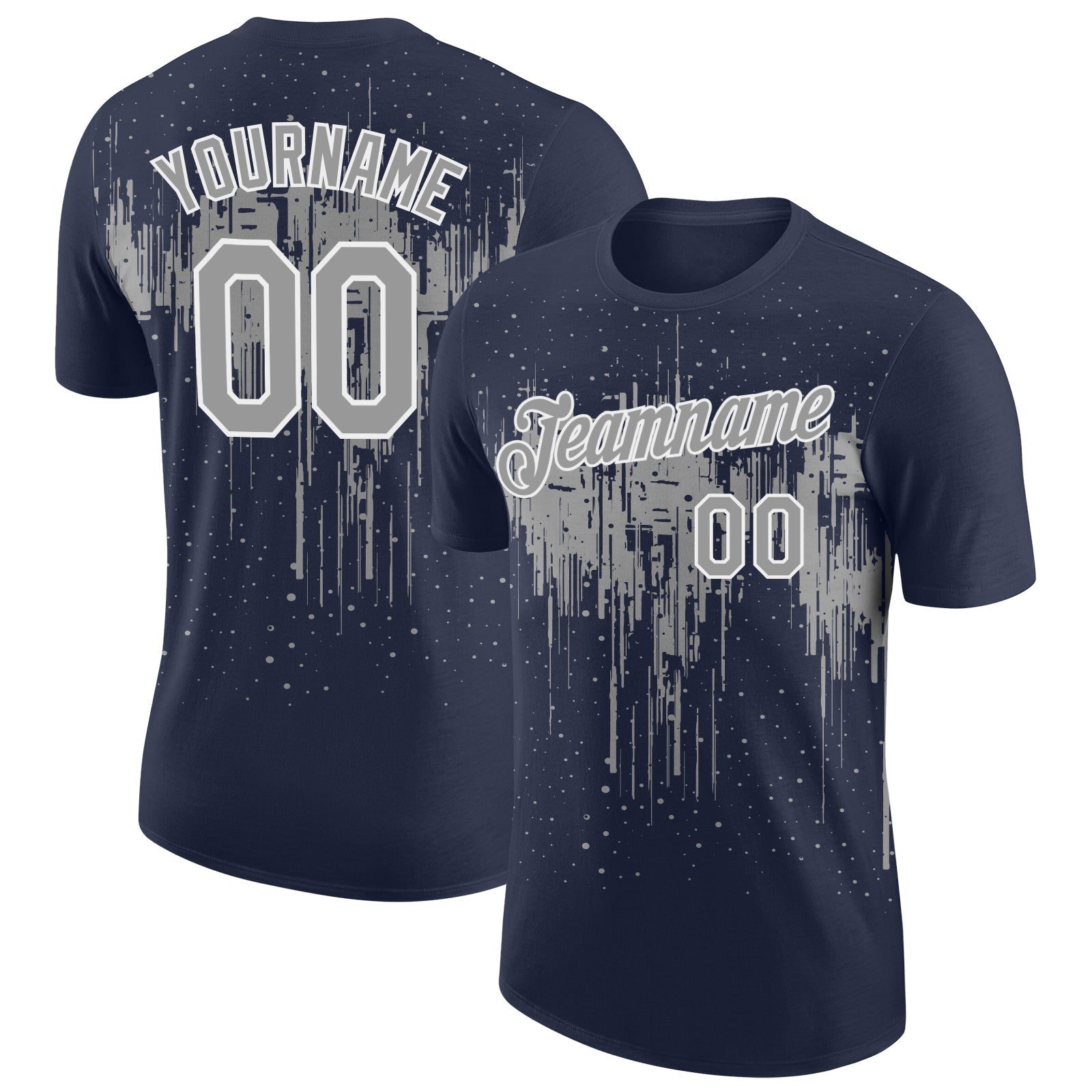 Custom Navy Gray-White Dripping Splatter Paint Performance T-Shirt - Main View