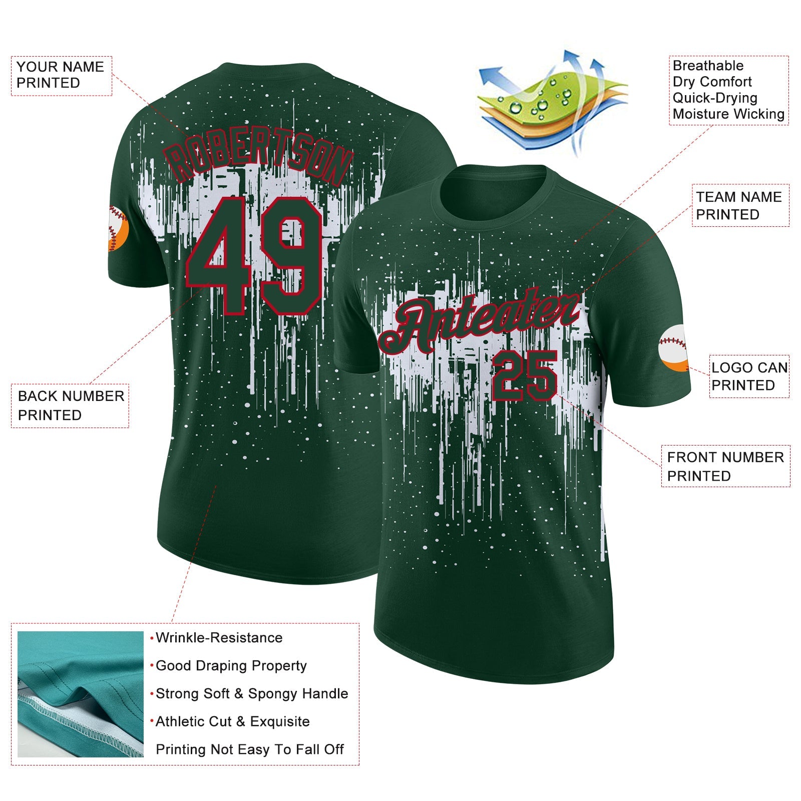 Custom Green White-Red Dripping Splatter Paint Performance T-Shirt view 2