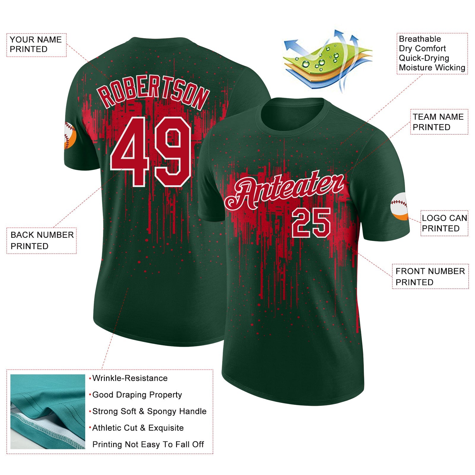 Custom Green Red-White Dripping Splatter Paint Performance T-Shirt view 2
