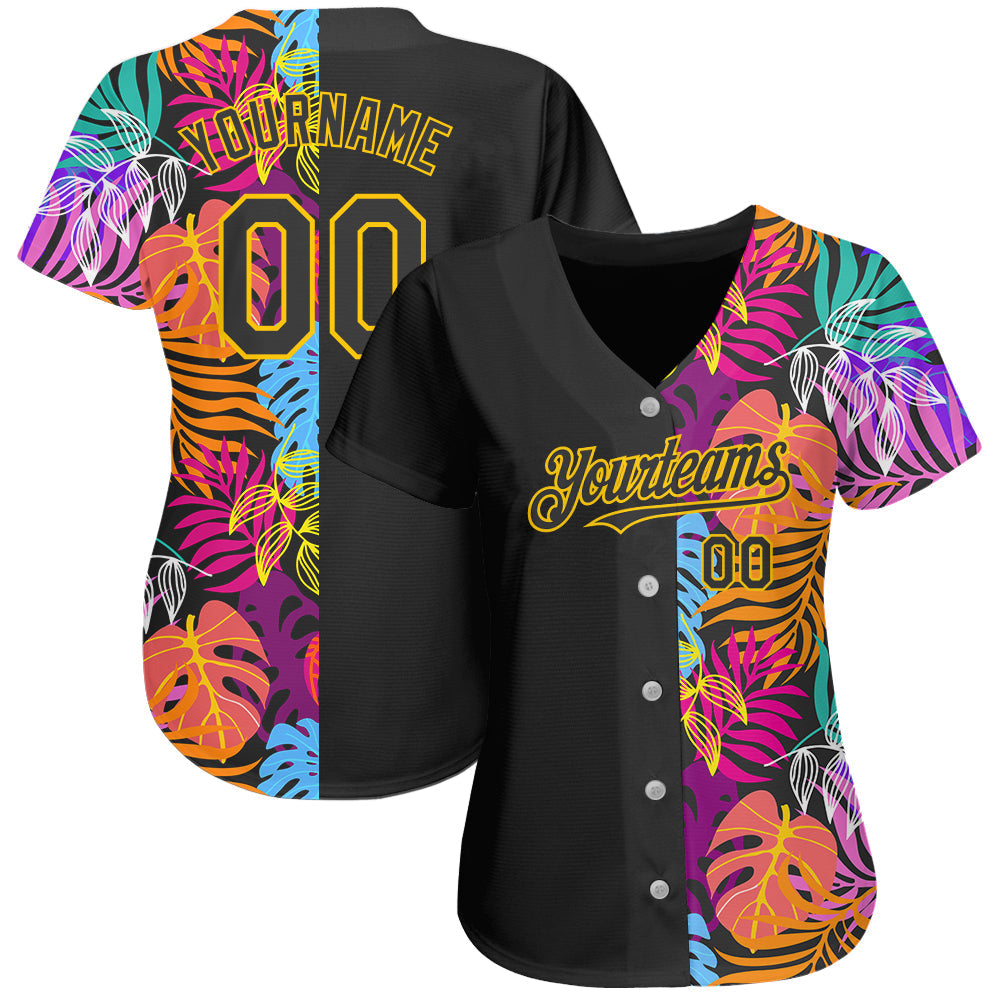 Custom Black Yellow 3D Pattern Design Hawaii Tropical Palm Trees Authentic Baseball Jersey view 2
