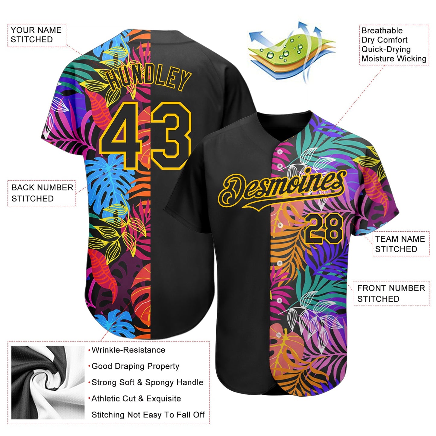 Custom Black Yellow 3D Pattern Design Hawaii Tropical Palm Trees Authentic Baseball Jersey view 3