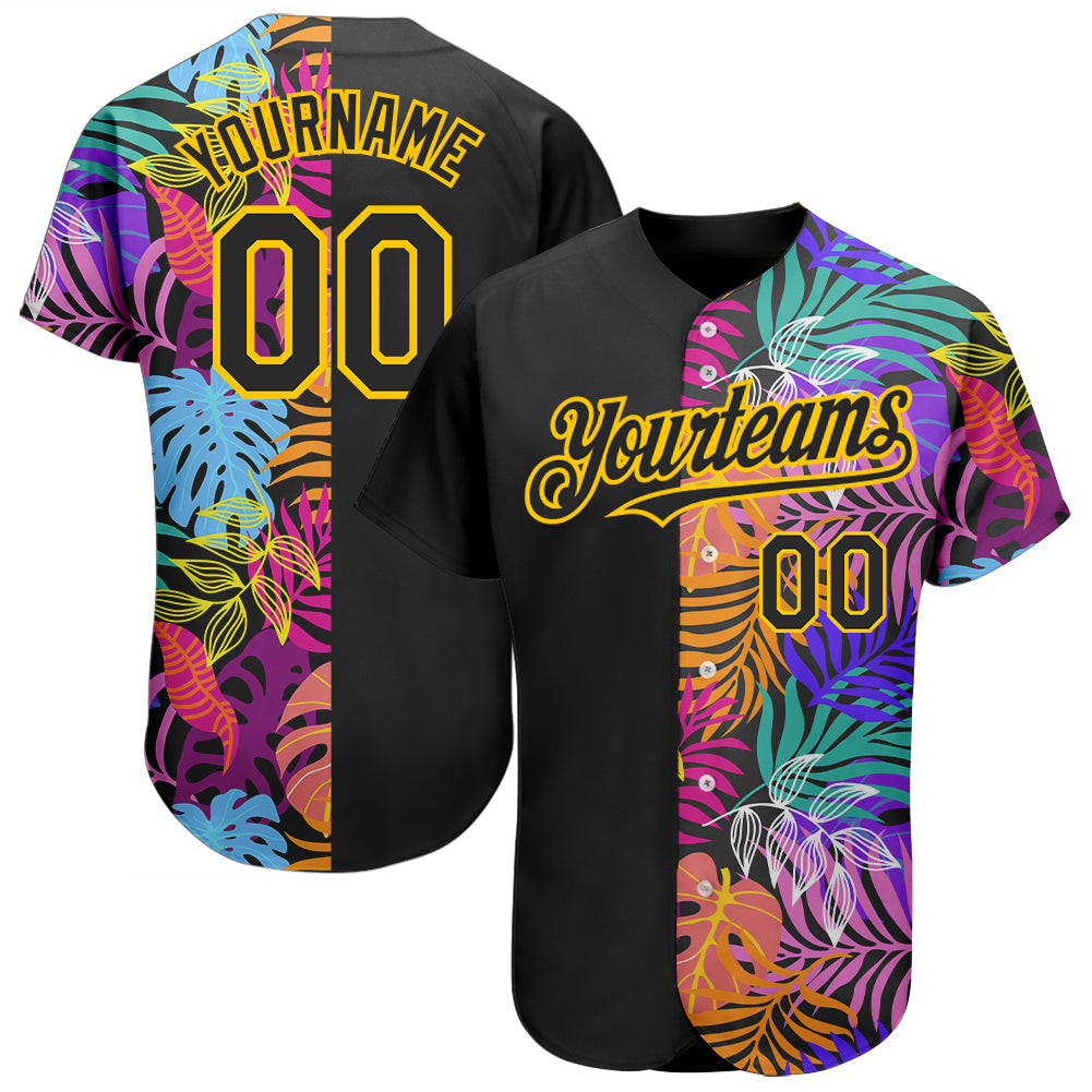 Custom Black Yellow 3D Pattern Design Hawaii Tropical Palm Trees Authentic Baseball Jersey - Main View