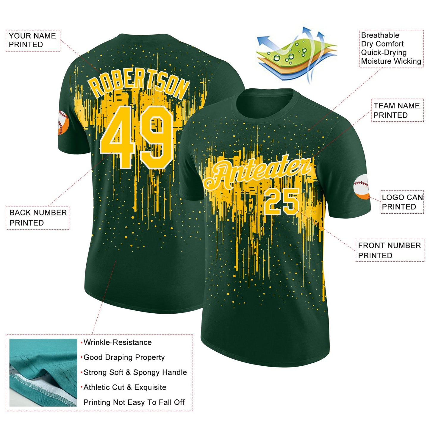 Custom Green Yellow-White Dripping Splatter Paint Performance T-Shirt view 2