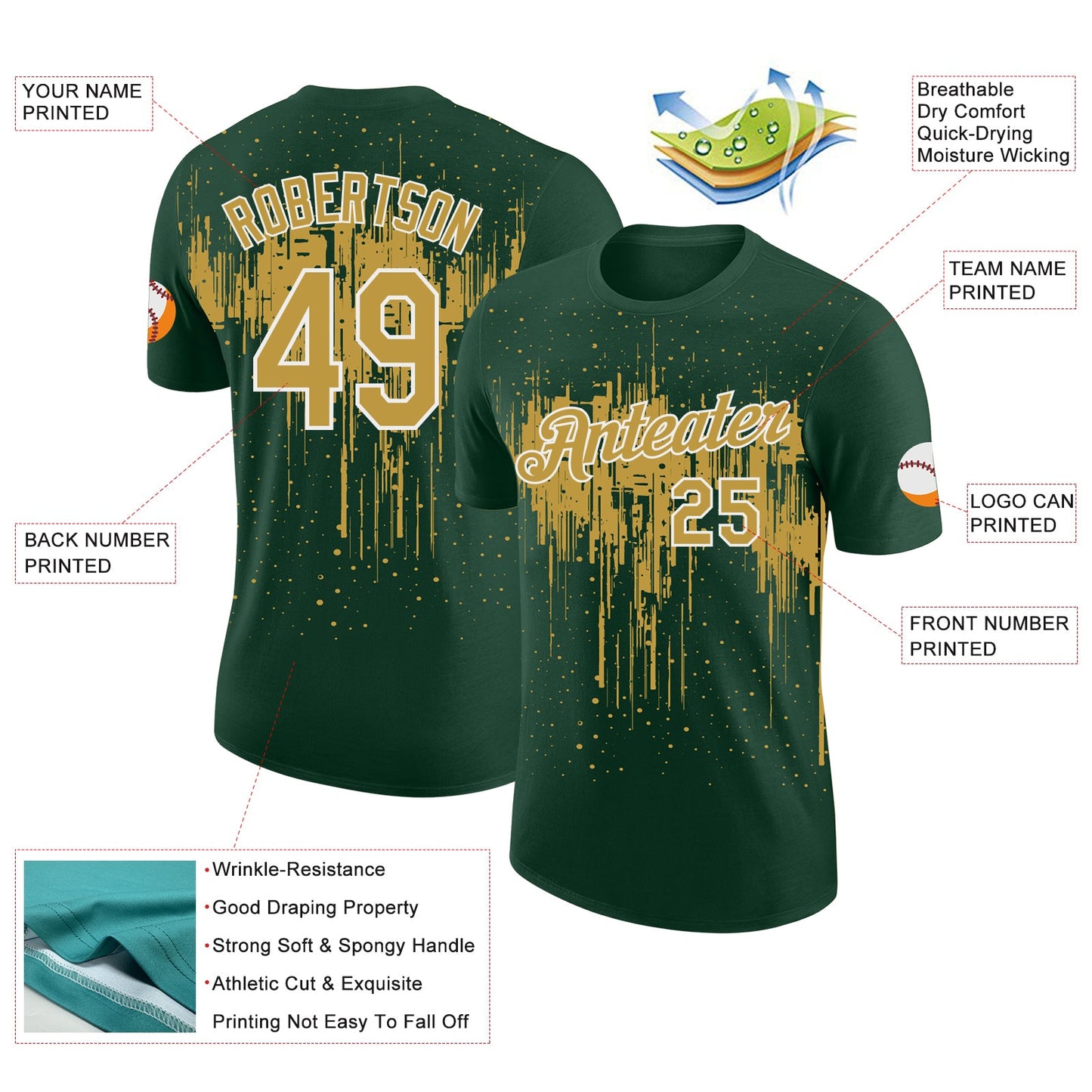 Custom Green Old Gold-White Dripping Splatter Paint Performance T-Shirt view 2