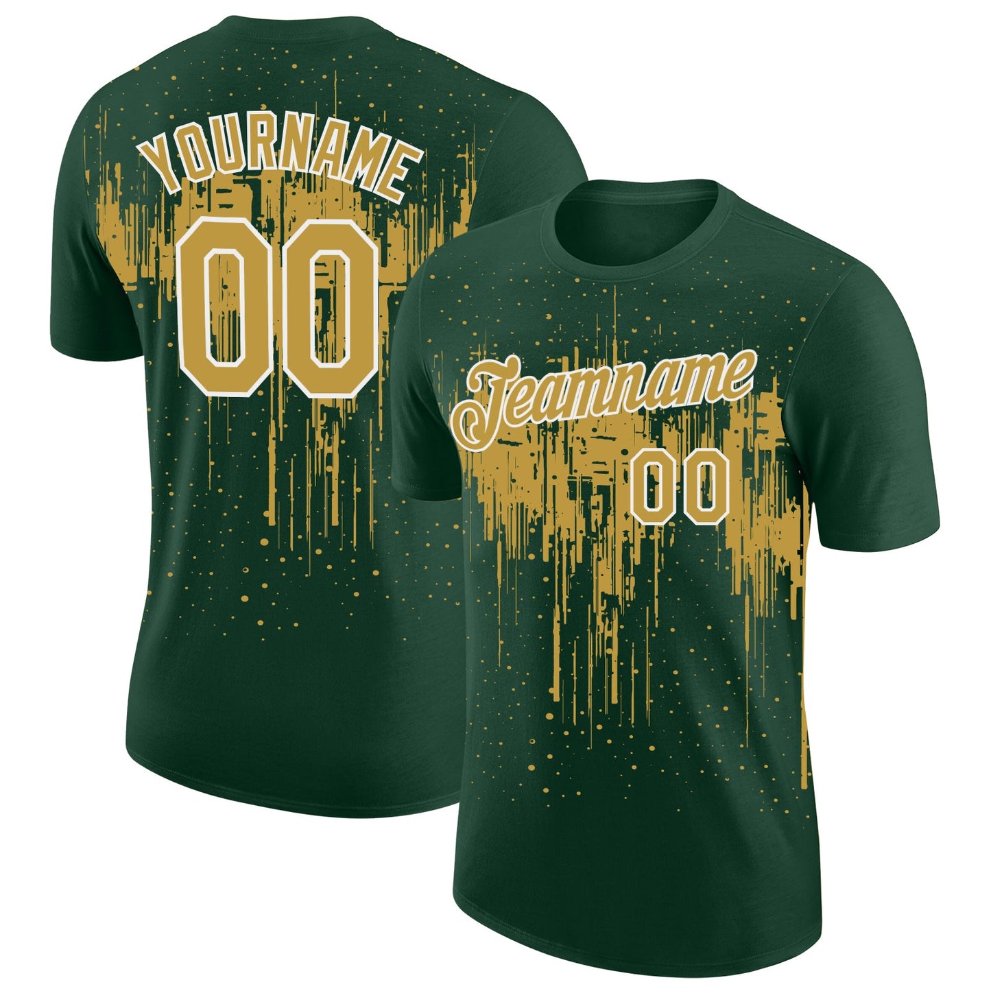 Custom Green Old Gold-White Dripping Splatter Paint Performance T-Shirt - Main View