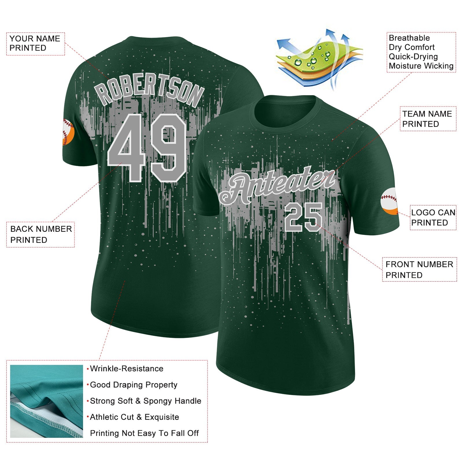 Custom Green Gray-White Dripping Splatter Paint Performance T-Shirt view 2