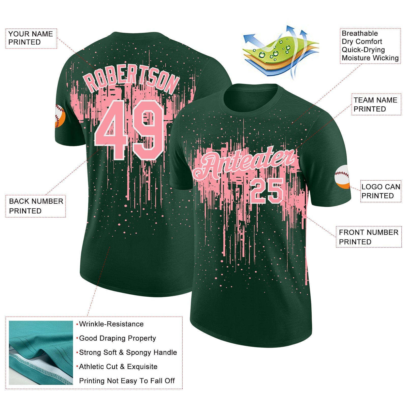 Custom Green Medium Pink-White Dripping Splatter Paint Performance T-Shirt view 2