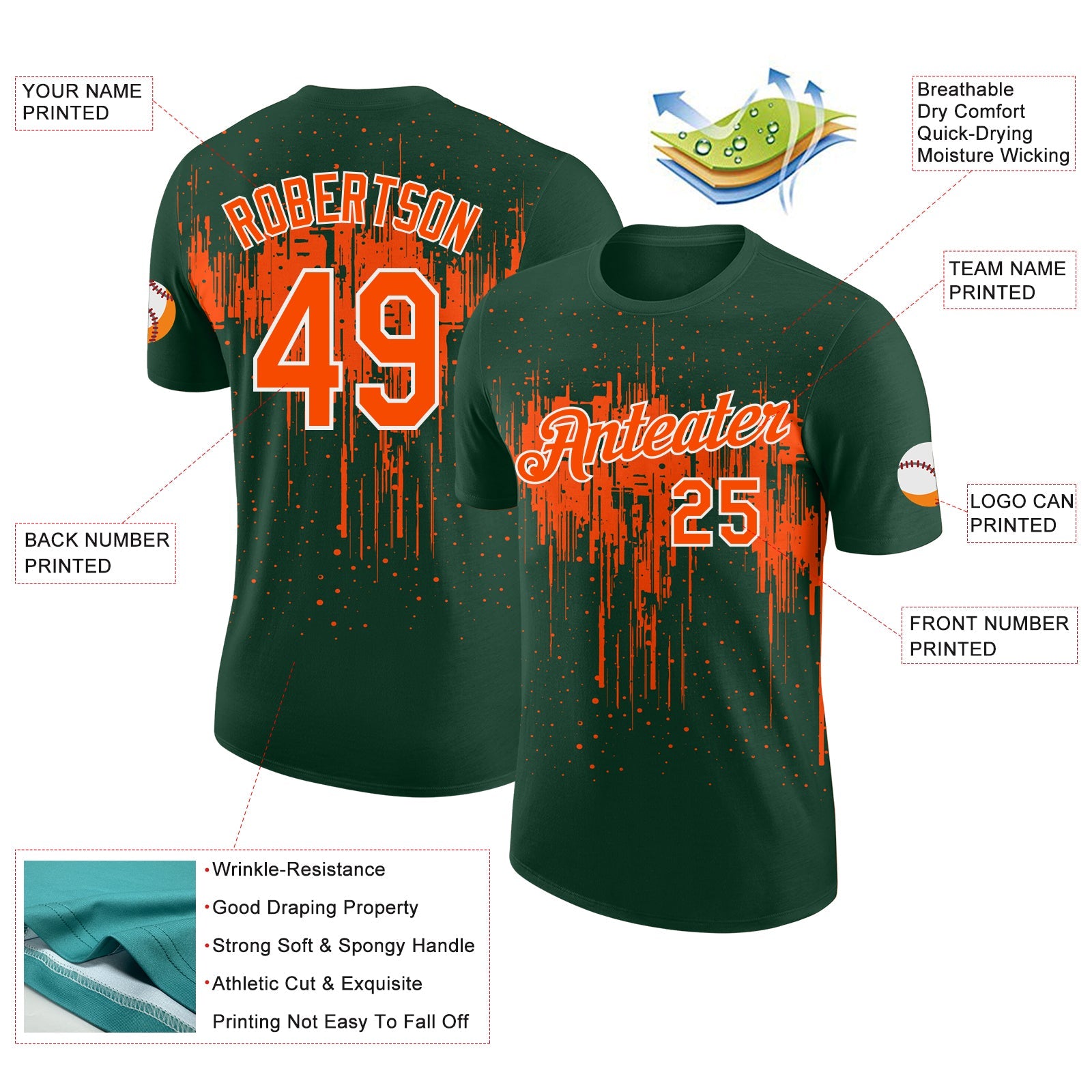 Custom Green Orange-White Dripping Splatter Paint Performance T-Shirt view 2