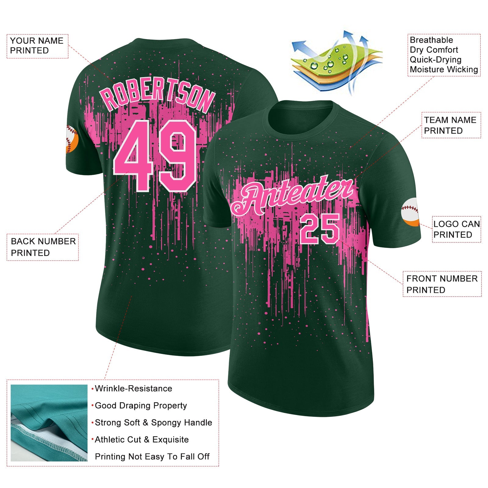 Custom Green Pink-White Dripping Splatter Paint Performance T-Shirt view 2