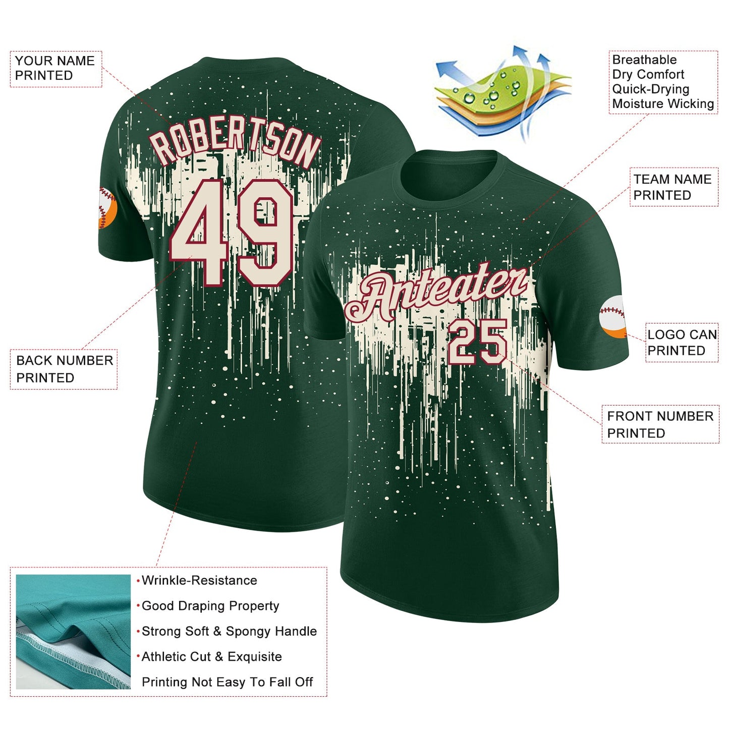 Custom Green Cream-Crimson Dripping Splatter Paint Performance T-Shirt view 2