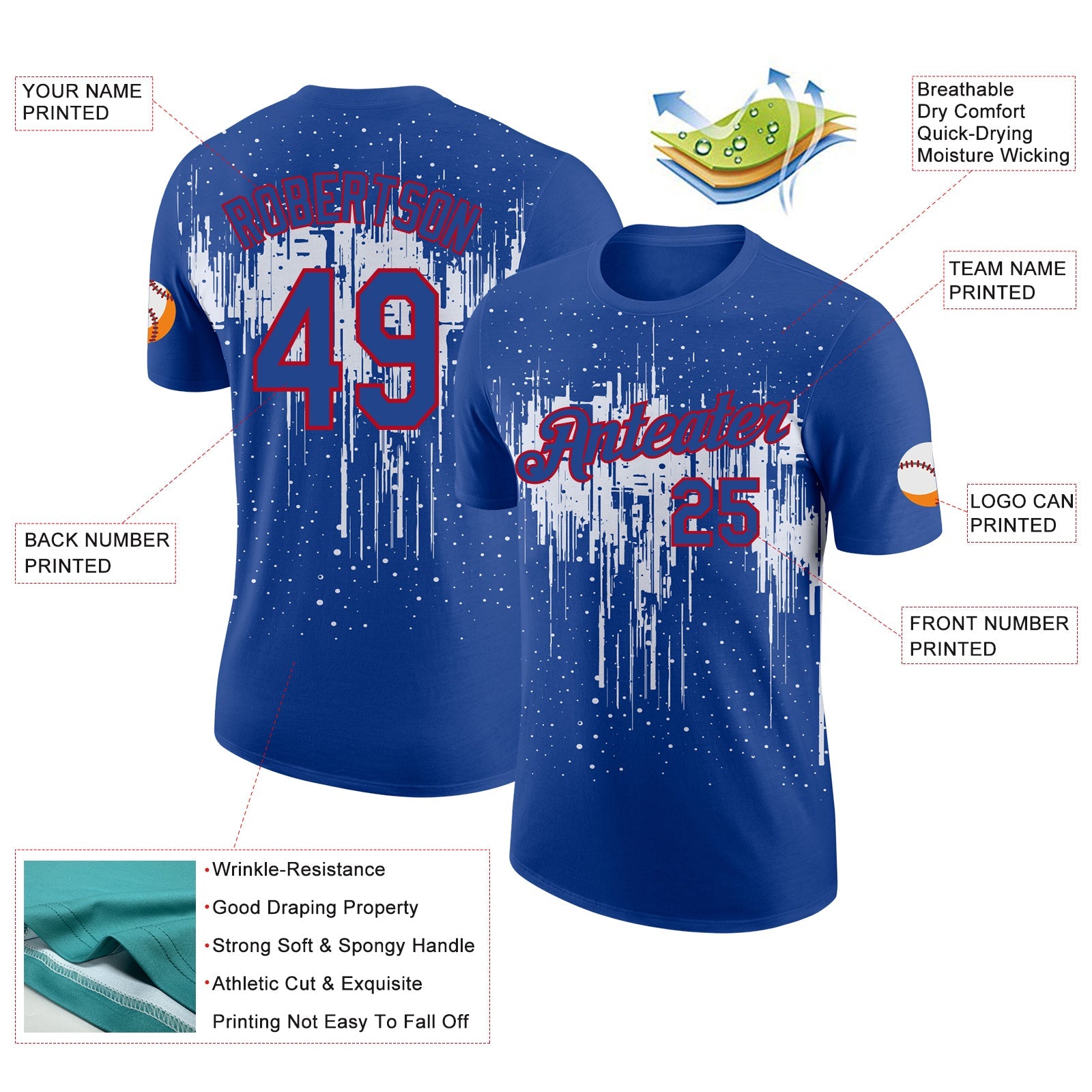 Custom Royal White-Red Dripping Splatter Paint Performance T-Shirt view 2