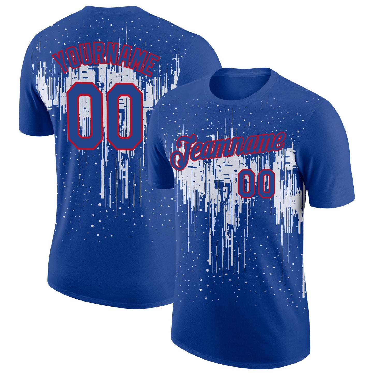 Custom Royal White-Red Dripping Splatter Paint Performance T-Shirt - Main View