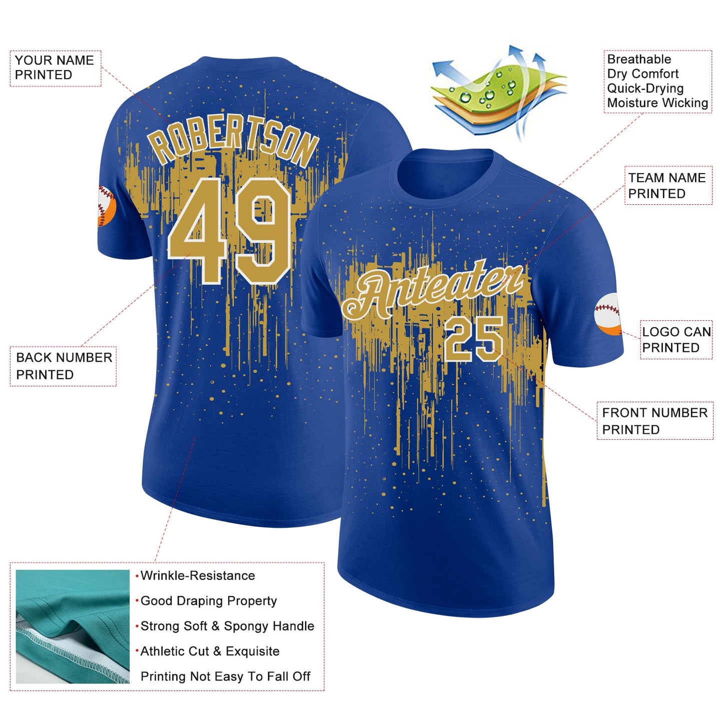 Custom Royal Old Gold-White Dripping Splatter Paint Performance T-Shirt view 2
