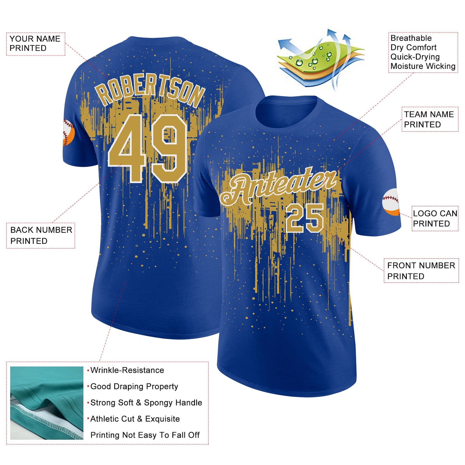 Custom Royal Old Gold-White Dripping Splatter Paint Performance T-Shirt view 2