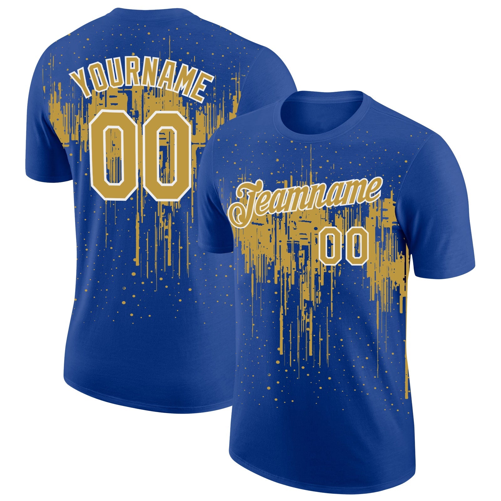 Custom Royal Old Gold-White Dripping Splatter Paint Performance T-Shirt - Main View