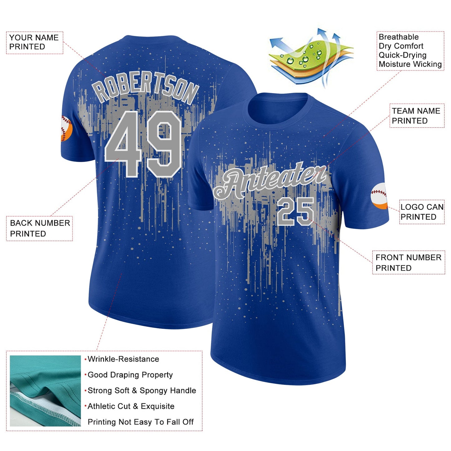 Custom Royal Gray-White Dripping Splatter Paint Performance T-Shirt view 2