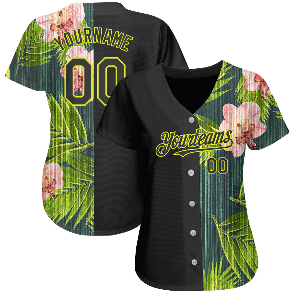 Custom Black Neon Yellow 3D Pattern Design Hawaii Tropical Palm Leaves With Orchids Authentic Baseball Jersey view 2