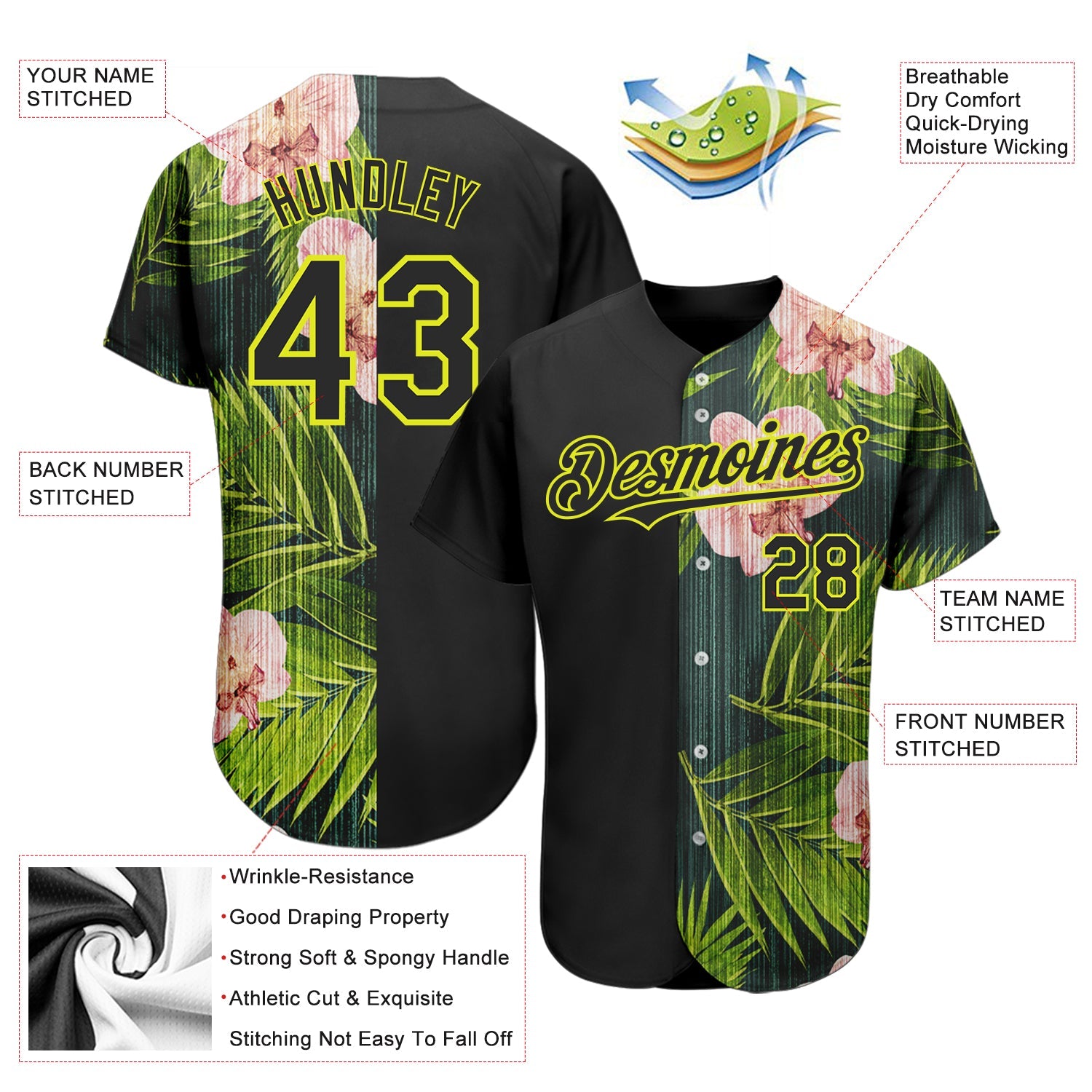 Custom Black Neon Yellow 3D Pattern Design Hawaii Tropical Palm Leaves With Orchids Authentic Baseball Jersey view 3