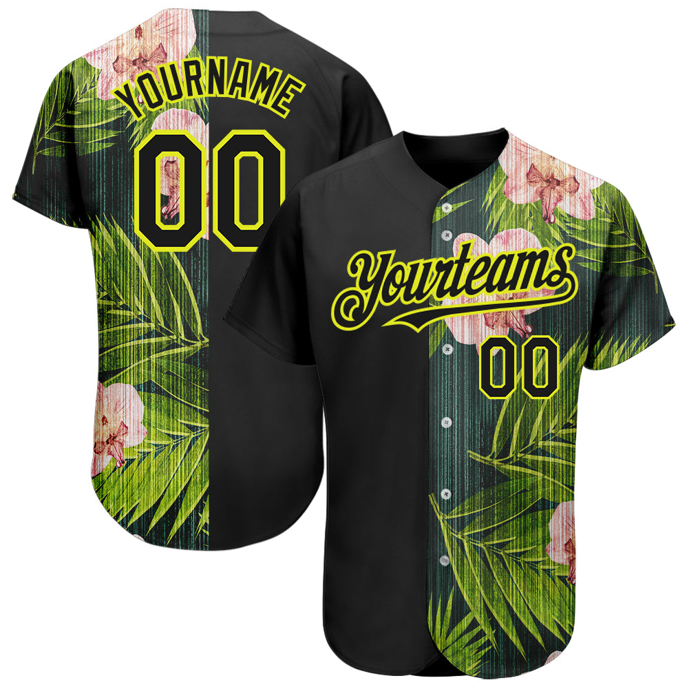 Custom Black Neon Yellow 3D Pattern Design Hawaii Tropical Palm Leaves With Orchids Authentic Baseball Jersey - Main View