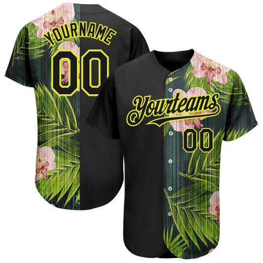 Custom Black Neon Yellow 3D Pattern Design Hawaii Tropical Palm Leaves With Orchids Authentic Baseball Jersey - Main View
