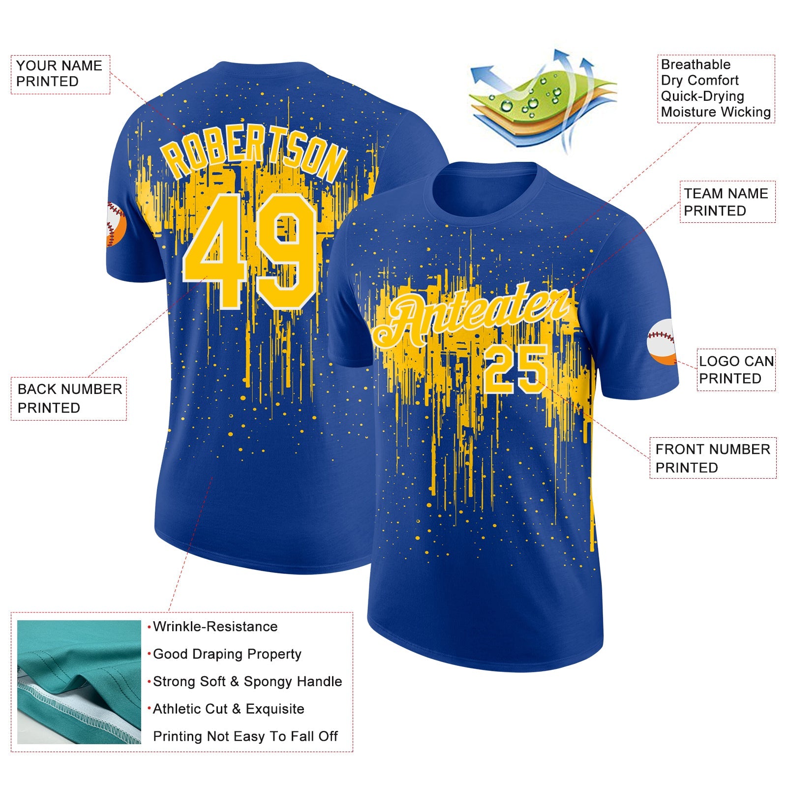 Custom Royal Yellow-White Dripping Splatter Paint Performance T-Shirt view 2