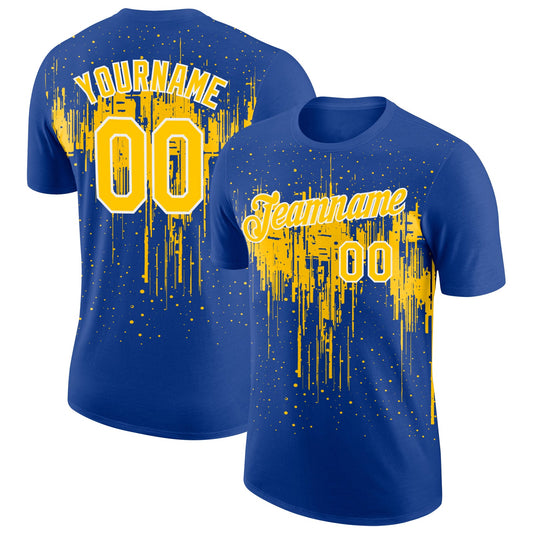 Custom Royal Yellow-White Dripping Splatter Paint Performance T-Shirt - Main View
