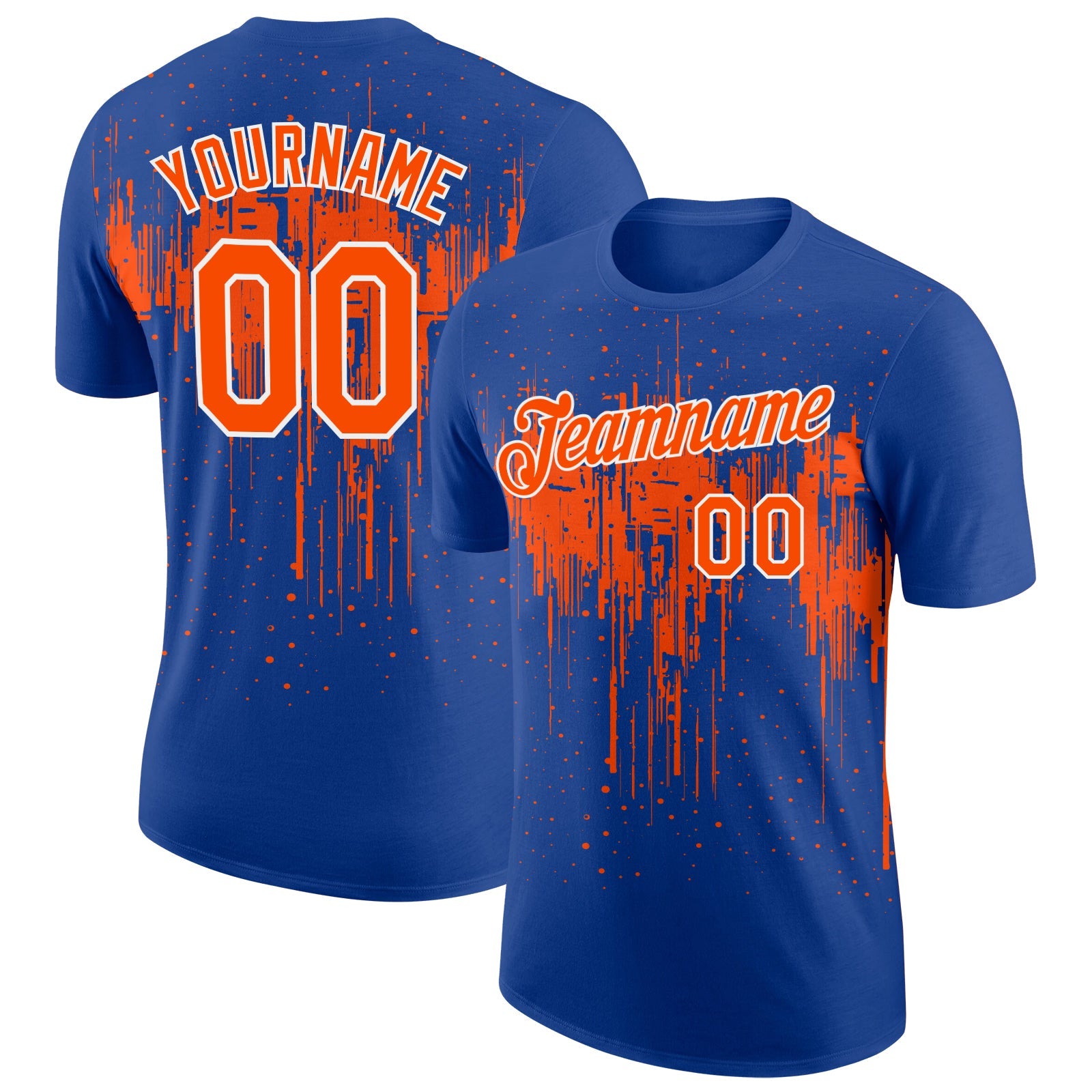 Custom Royal Orange-White Dripping Splatter Paint Performance T-Shirt - Main View
