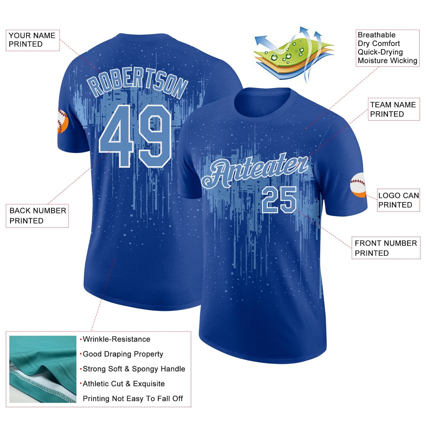 Custom Royal Light Blue-White Dripping Splatter Paint Performance T-Shirt view 2