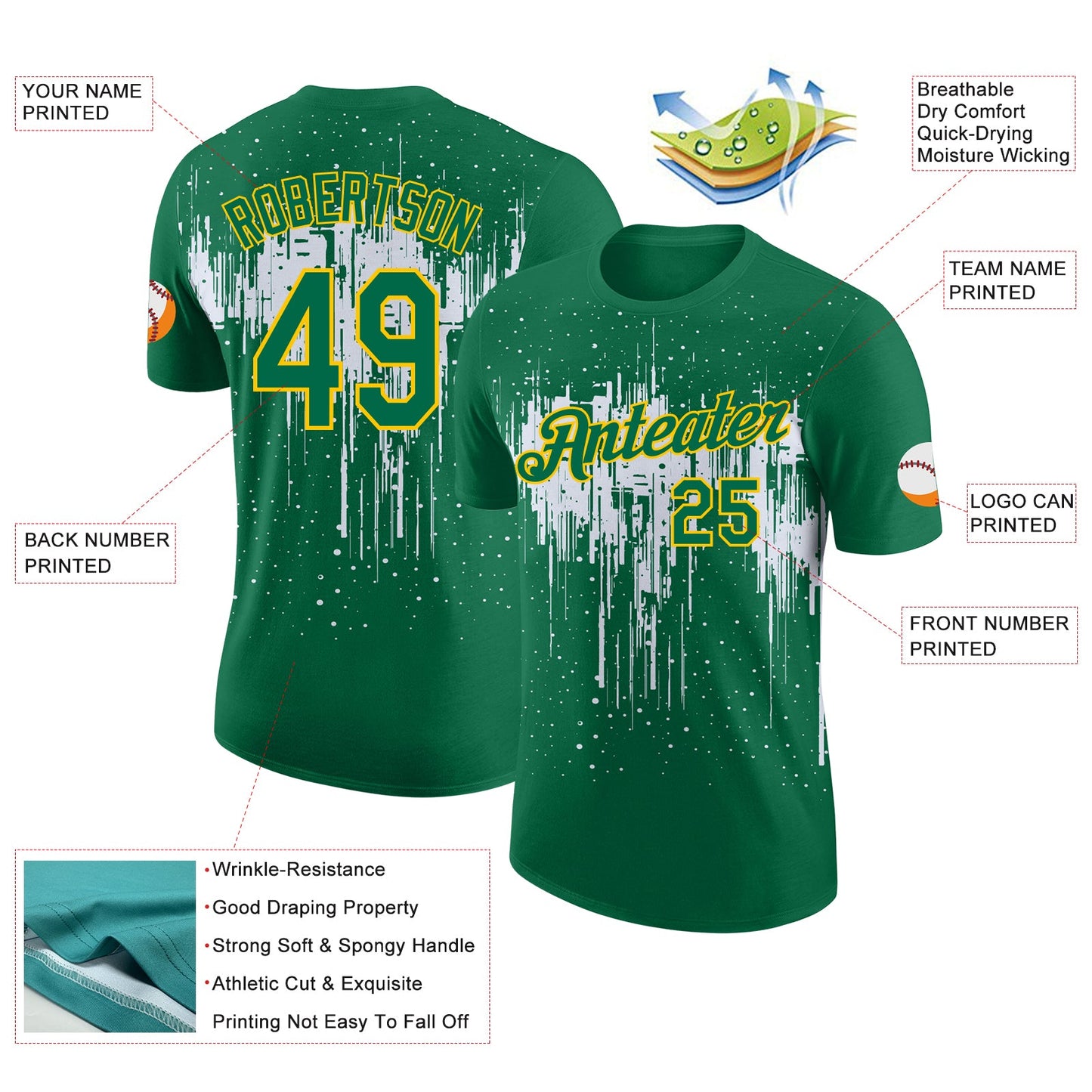 Custom Kelly Green White-Yellow Dripping Splatter Paint Performance T-Shirt view 2