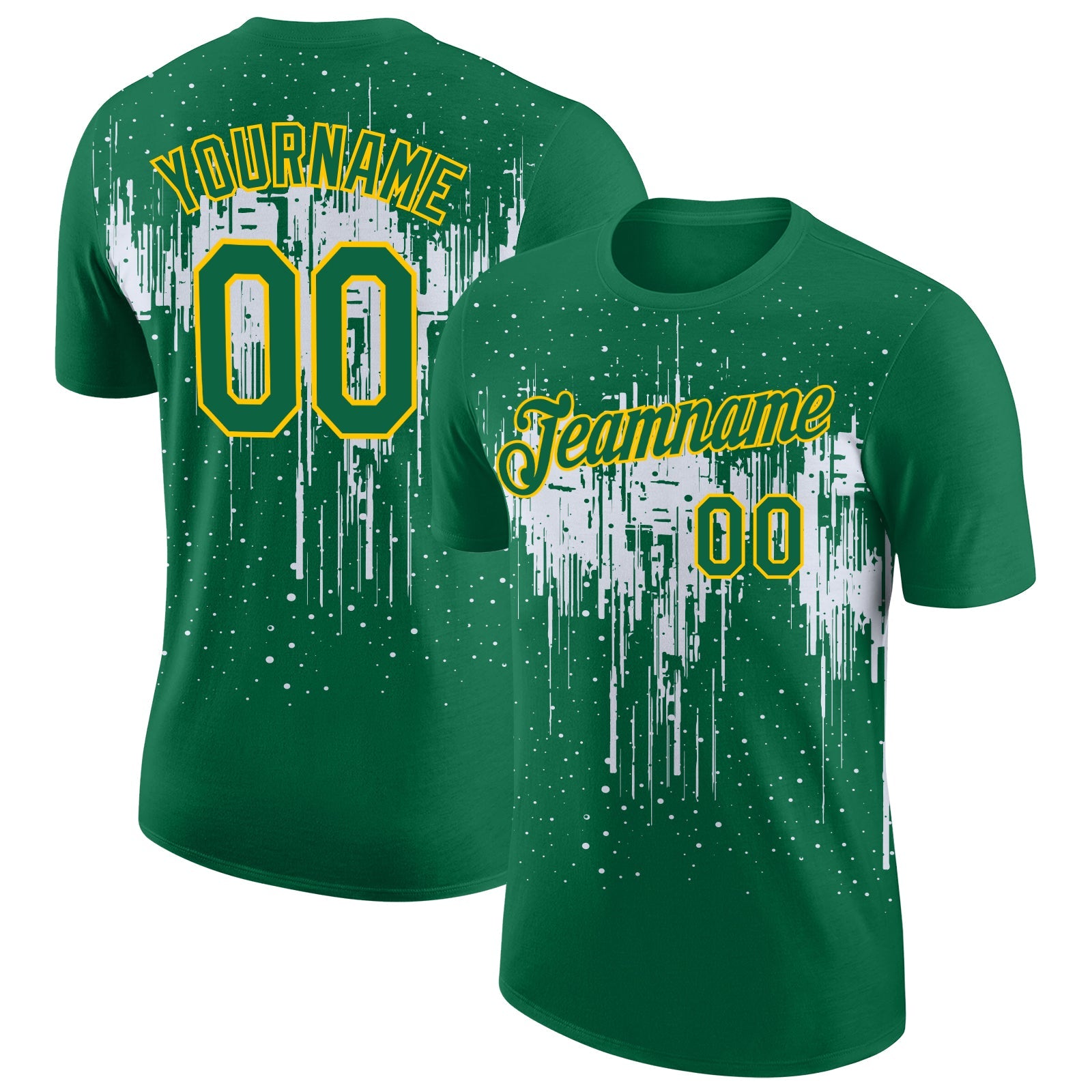 Custom Kelly Green White-Yellow Dripping Splatter Paint Performance T-Shirt - Main View