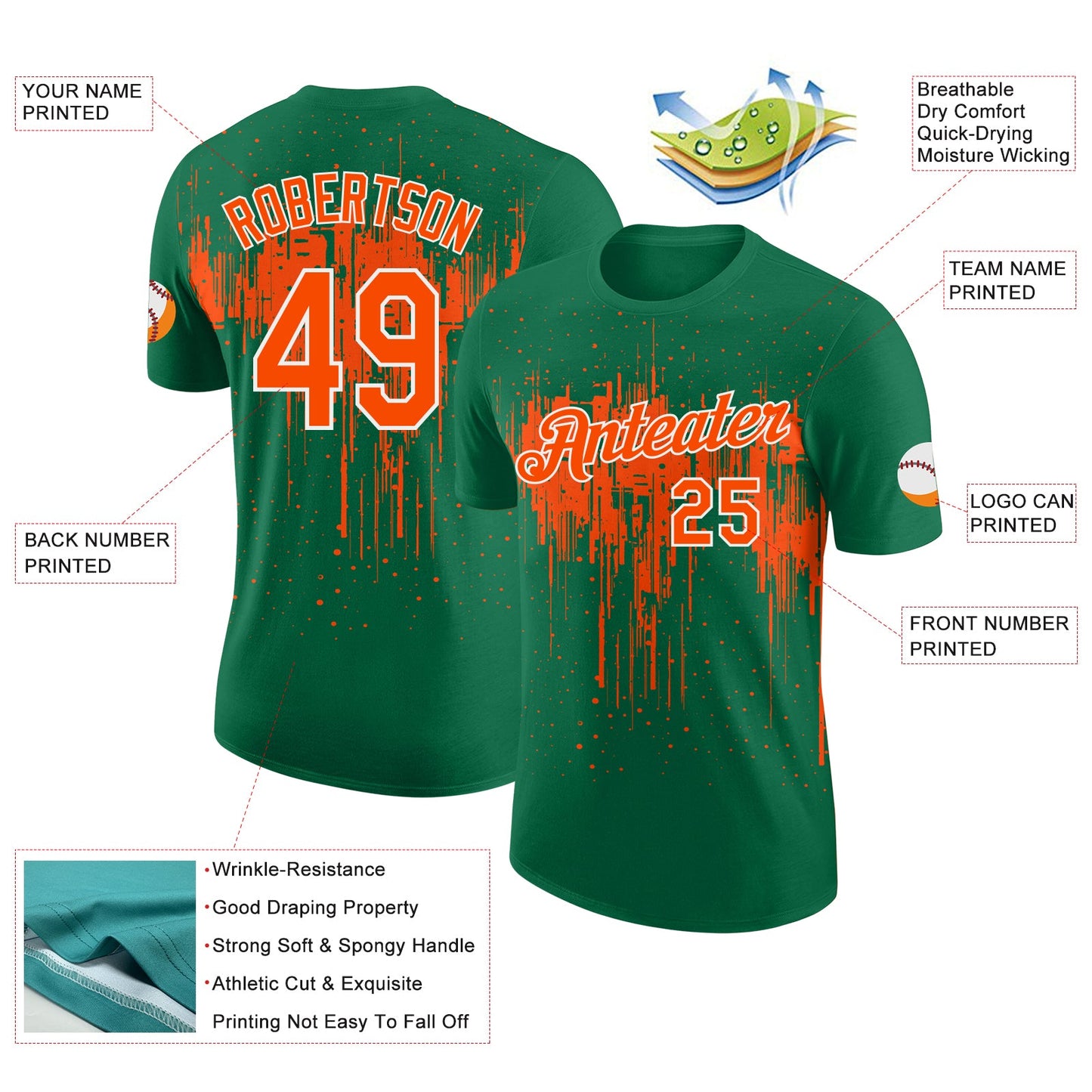 Custom Kelly Green Orange-White Dripping Splatter Paint Performance T-Shirt view 2