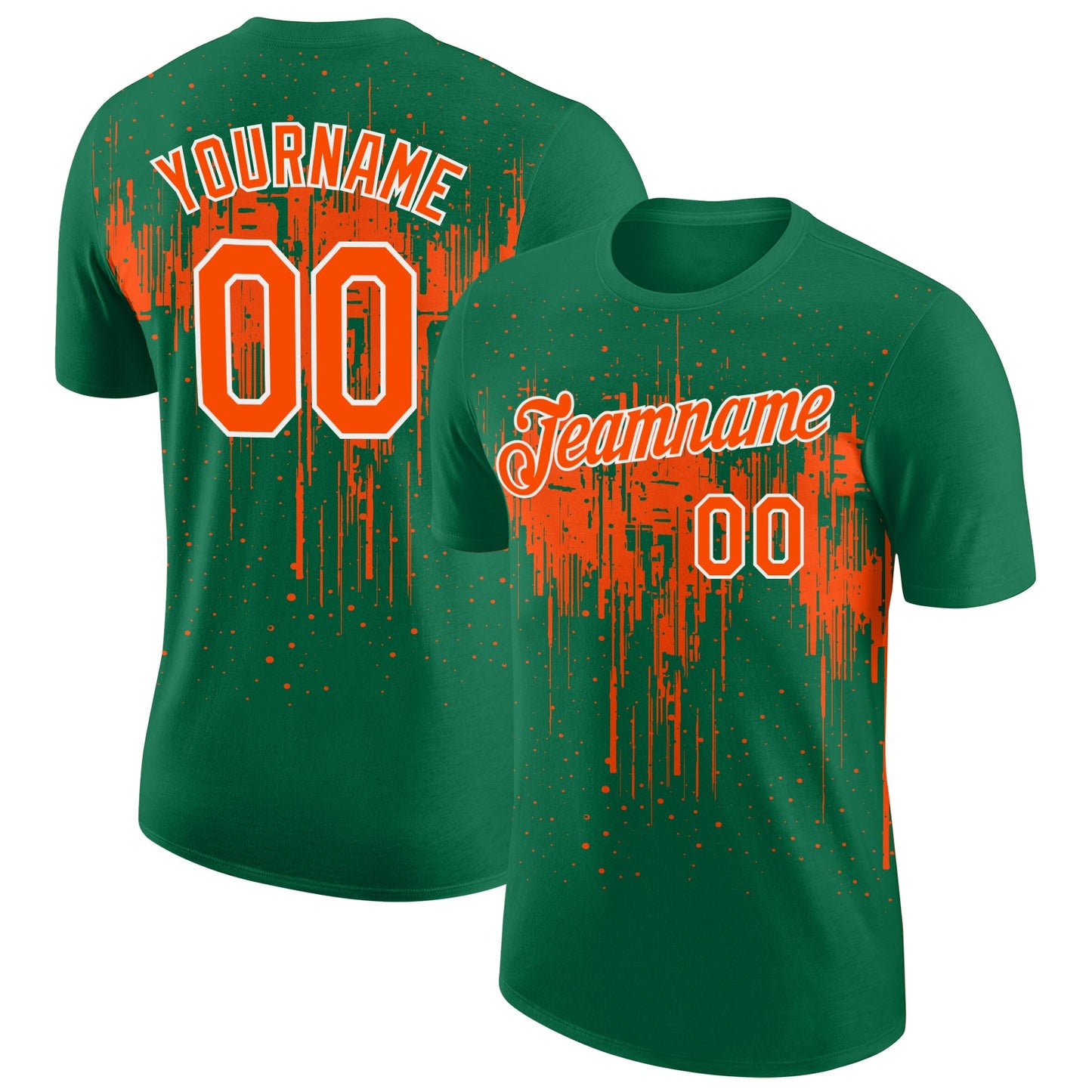 Custom Kelly Green Orange-White Dripping Splatter Paint Performance T-Shirt - Main View