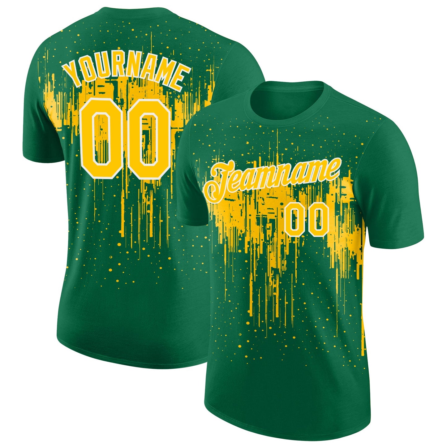 Custom Kelly Green Yellow-White Dripping Splatter Paint Performance T-Shirt - Main View