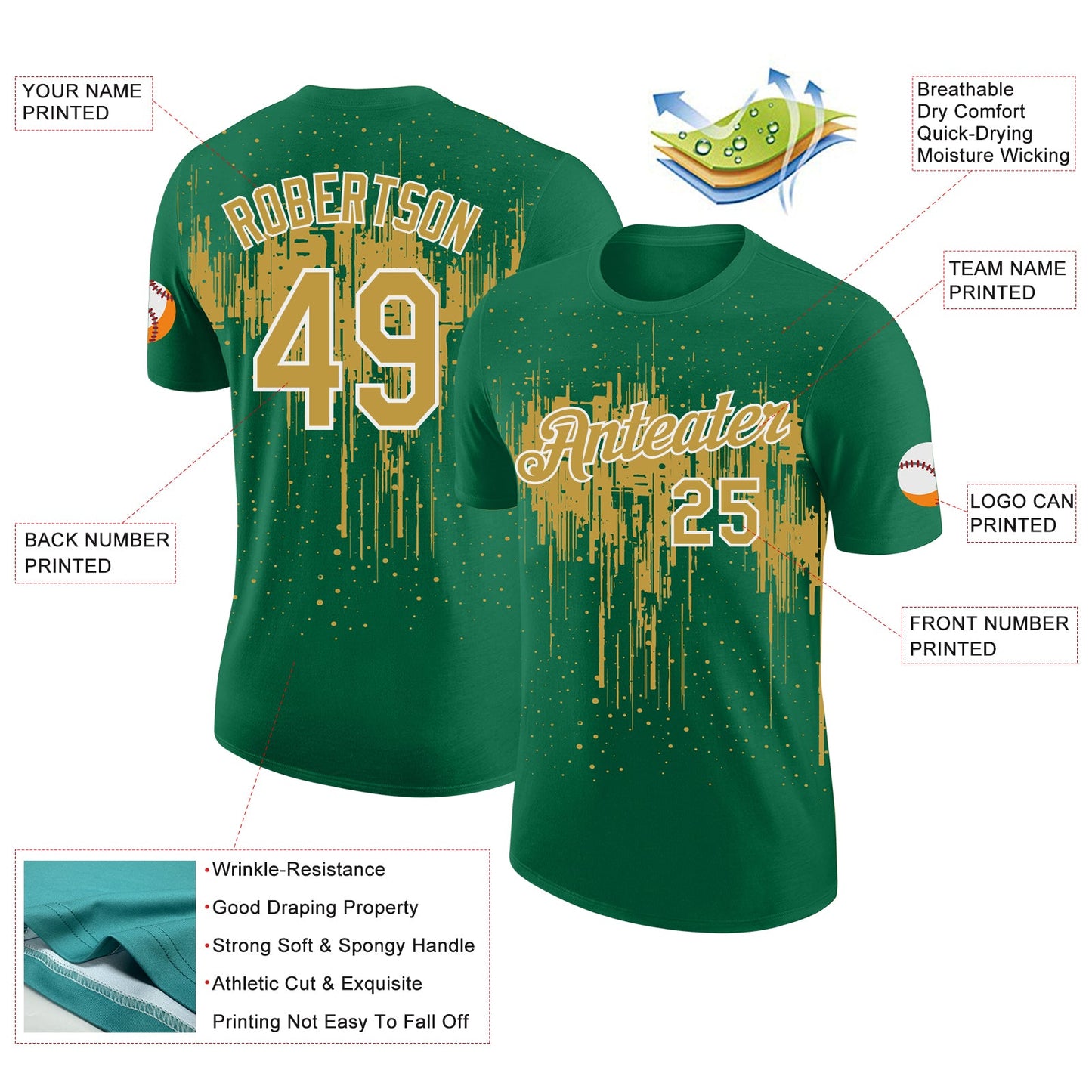 Custom Kelly Green Old Gold-White Dripping Splatter Paint Performance T-Shirt view 2